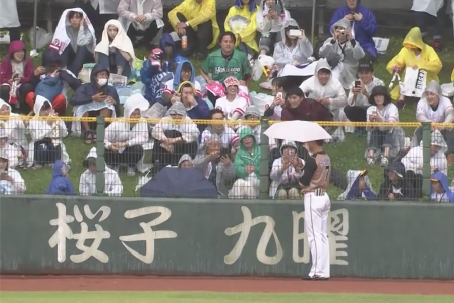 雨で中断中にファンから傘を借りた日本ハム・西川遥輝【画像：(C)PLM】