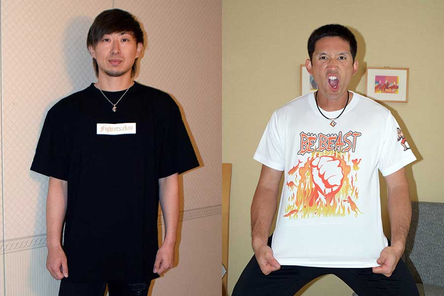自身がプロデュースしたTシャツを着た日本ハム・金子弌大（左）と杉谷拳士【写真提供：北海道日本ハムファイターズ】