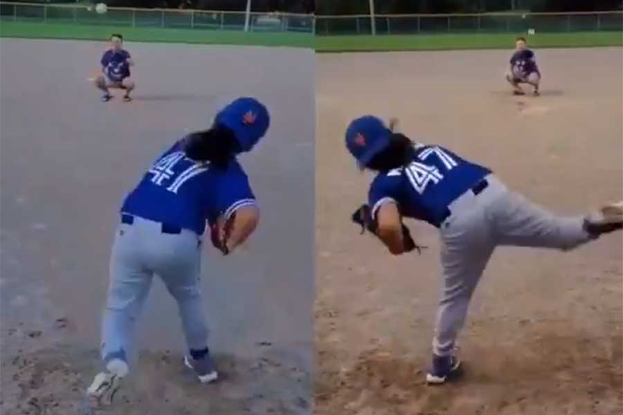 9歳の少女が両投げで見事なストライク投球を披露した（画像はスクリーンショット）