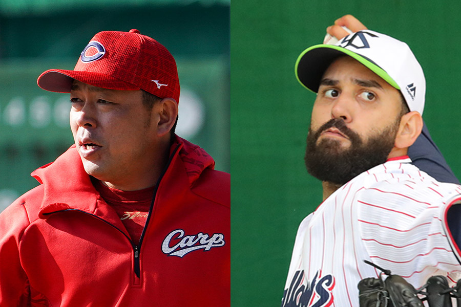 広島・石原慶幸（左）とヤクルトから自由契約となったガブリエル・イノーア【写真：荒川祐史、津高良和】