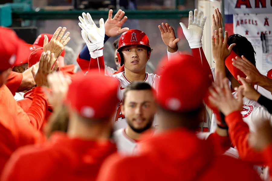 本塁打を打ち、ベンチで迎えられるエンゼルス・大谷翔平【写真：AP】