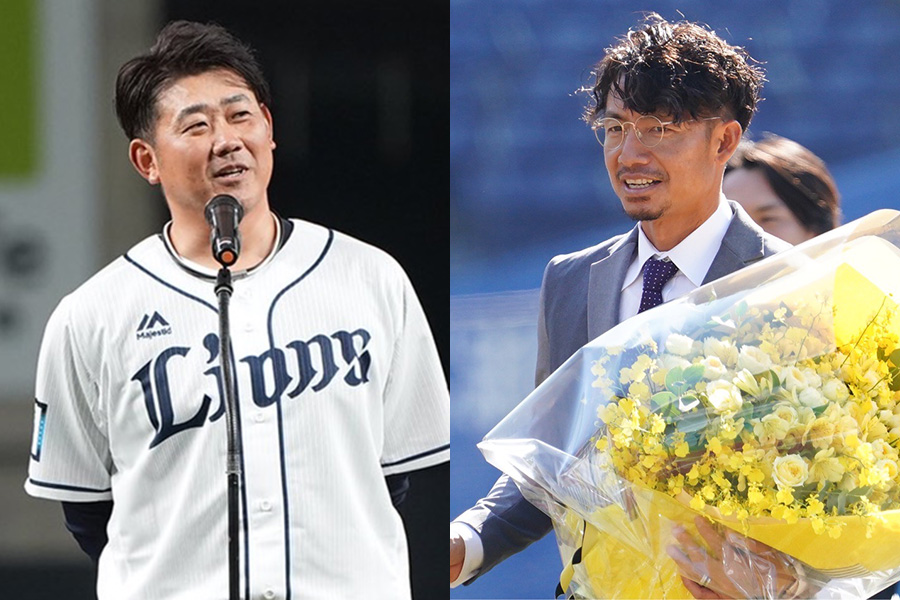 今季限りで現役引退した松坂大輔（左）と鳥谷敬【写真：荒川祐史】