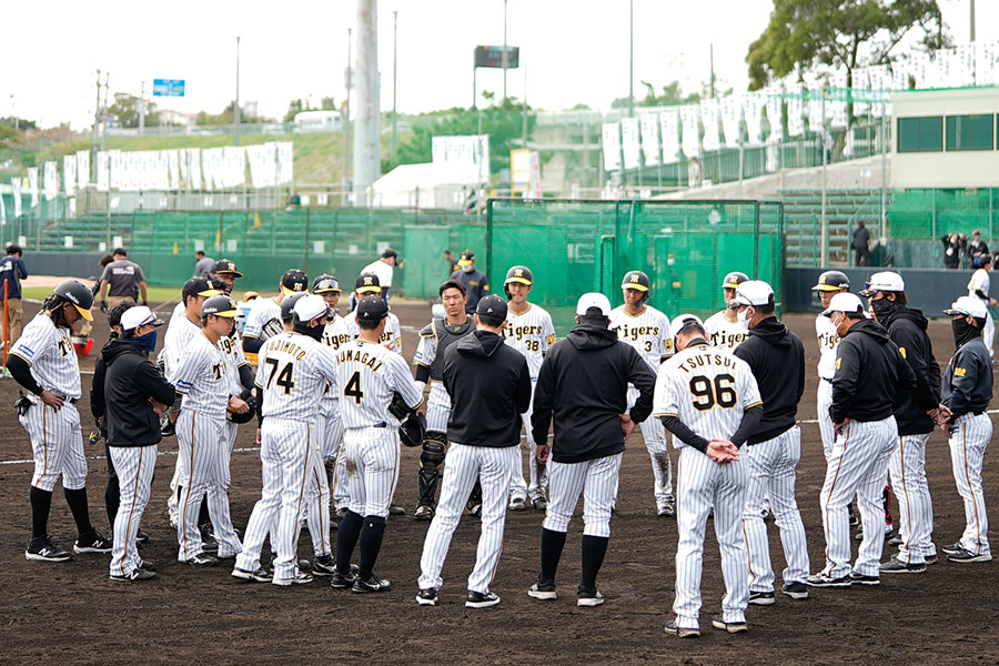 集合して確認を行う阪神ナイン【写真：荒川祐史】