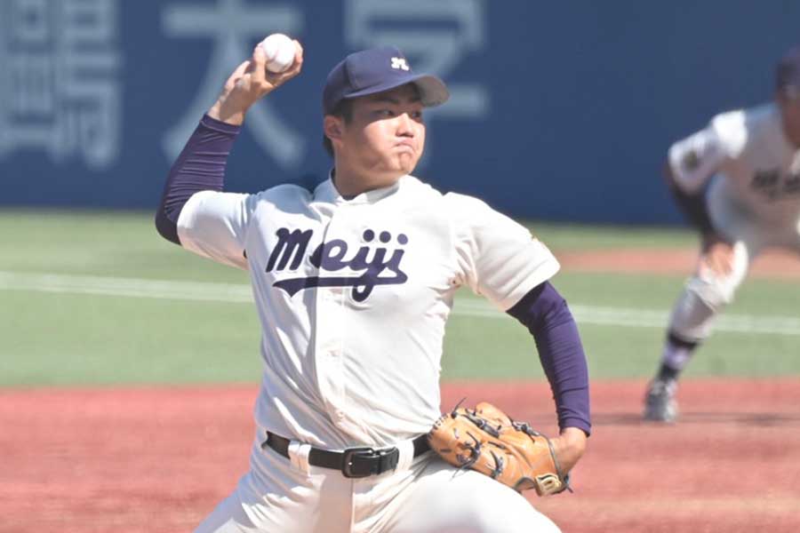 早大戦で完封勝利を挙げた明大・村田賢一【写真：中戸川知世】