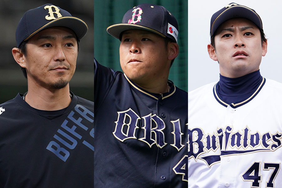 オリックスから戦力外となった増井浩俊、澤田圭佑、海田智行（左から）【写真：荒川祐史】