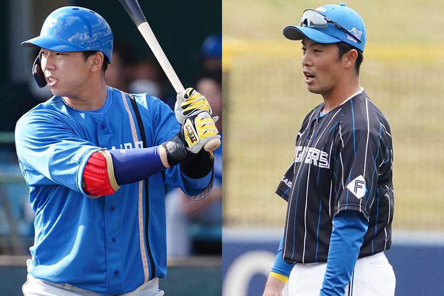 日本ハム・宇佐見真吾（左）と谷内亮太【写真：荒川祐史】