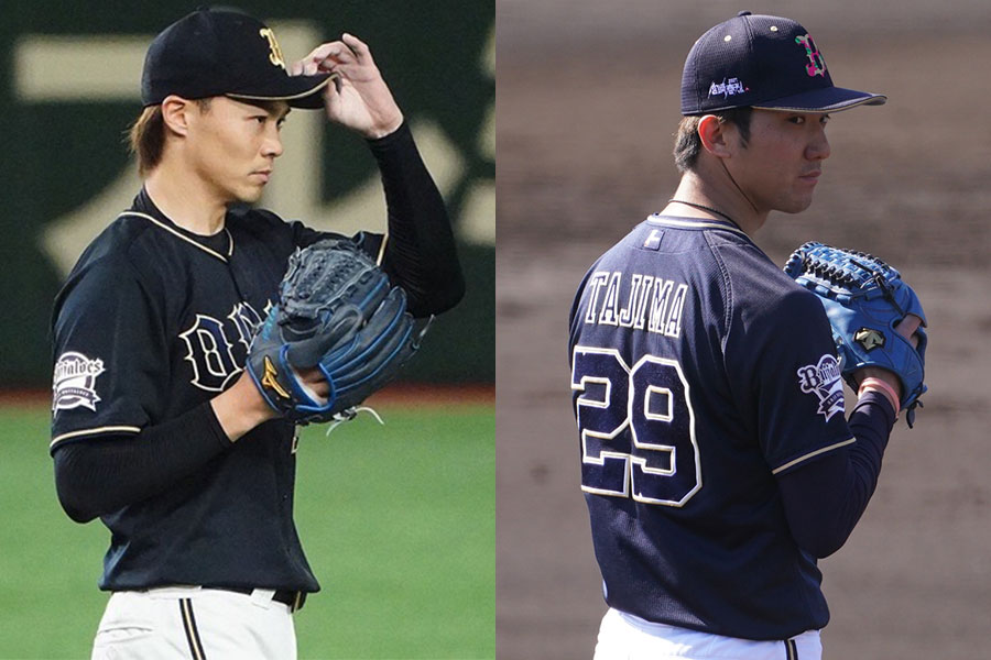 オリックス・山崎福也（左）と田嶋大樹【写真：荒川祐史】