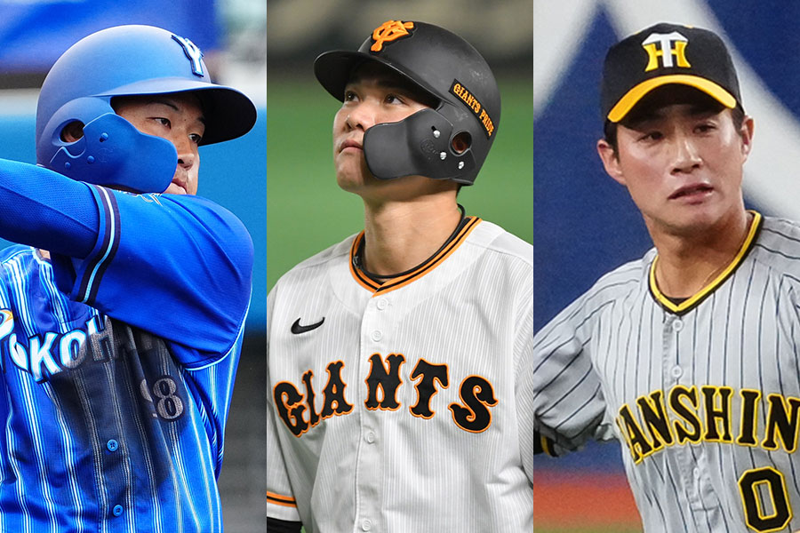 DeNA・京田陽太、巨人・坂本勇人、阪神・木浪聖也（左から）【写真：荒川祐史、小林靖】