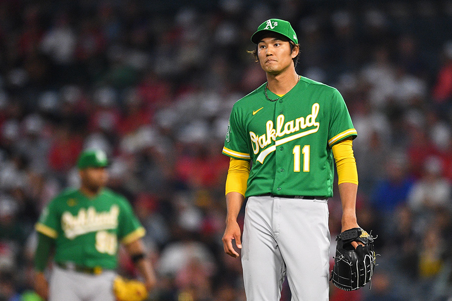 エンゼルス戦に救援登板したアスレチックス・藤浪晋太郎【写真：Getty Images】