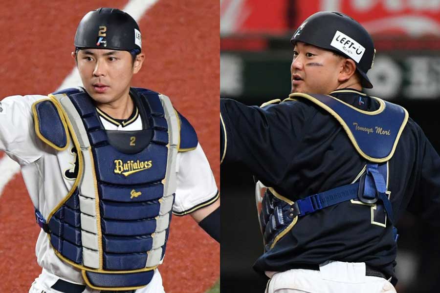 オリックス・若月健矢（左）と森友哉【写真：小林靖】