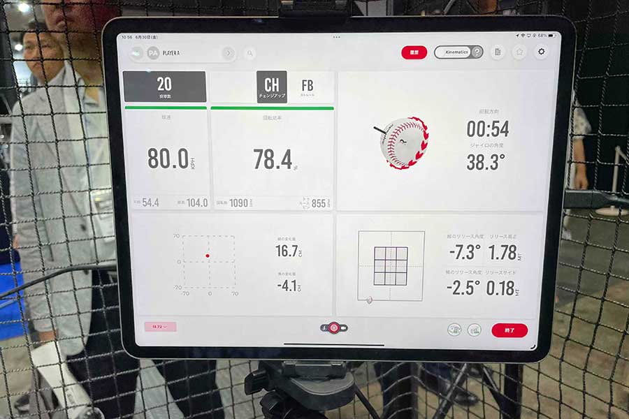 タブレットに表示された「Rapsodo」で計測したピッチングのデータ【写真：高橋幸司】