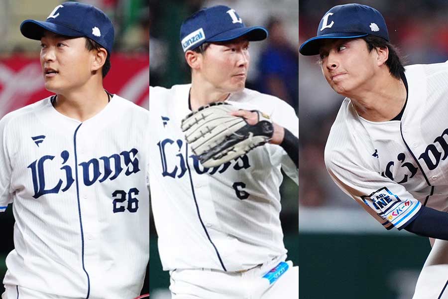 西武・佐々木健、源田壮亮、森脇亮介（左から）【写真：荒川祐史、矢口亨】