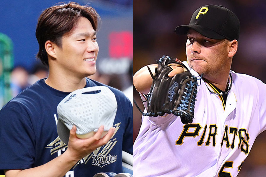 オリックス・山本由伸（左）とパイレーツ時代のフィル・コーク氏【写真：荒川祐史、Getty Images】