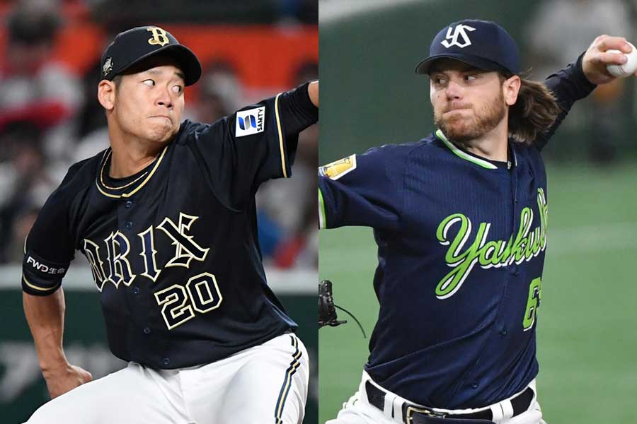 オリックス・近藤大亮（左）とヤクルトのディロン・ピーターズ【写真：小林靖】