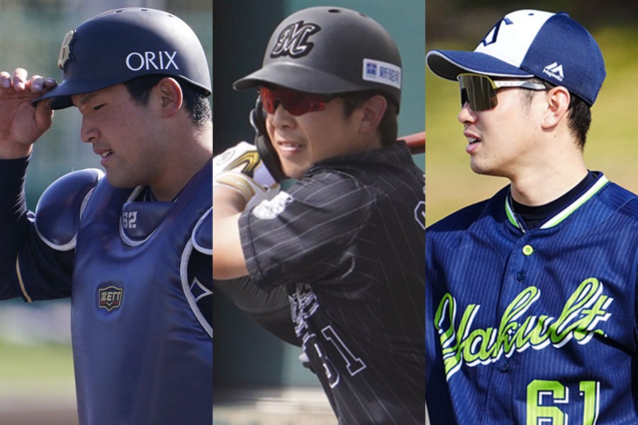 元オリックス・中川拓真、ロッテ・菅野剛士、現役引退を発表したヤクルト・久保拓眞（左から）【写真：荒川祐史】