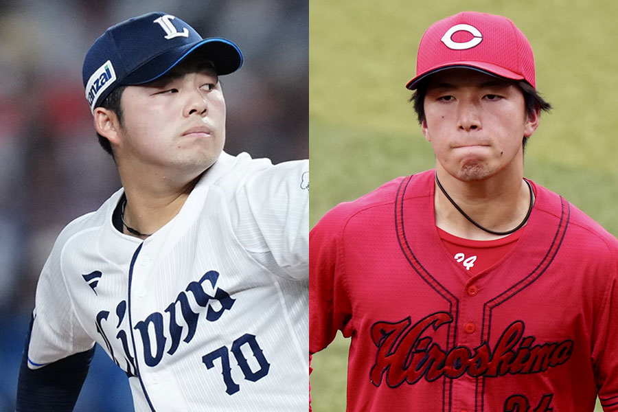 西武・豆田泰志（左）と広島・黒原拓未【写真：矢口亨】