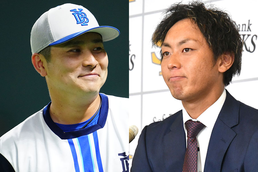 DeNA・佐野恵太（左）とソフトバンク・今宮健太【写真：荒川祐史、藤浦一都】