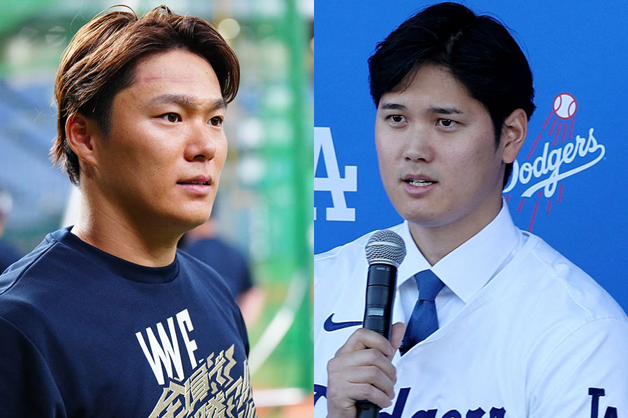 山本由伸（左）とドジャース・大谷翔平【写真：荒川祐史、ロイター】