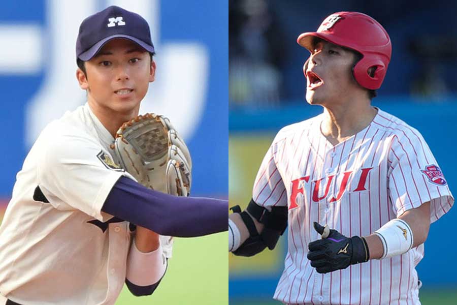 明大・宗山塁（左）と富士大・麦谷祐介【写真：小林靖、田中健】