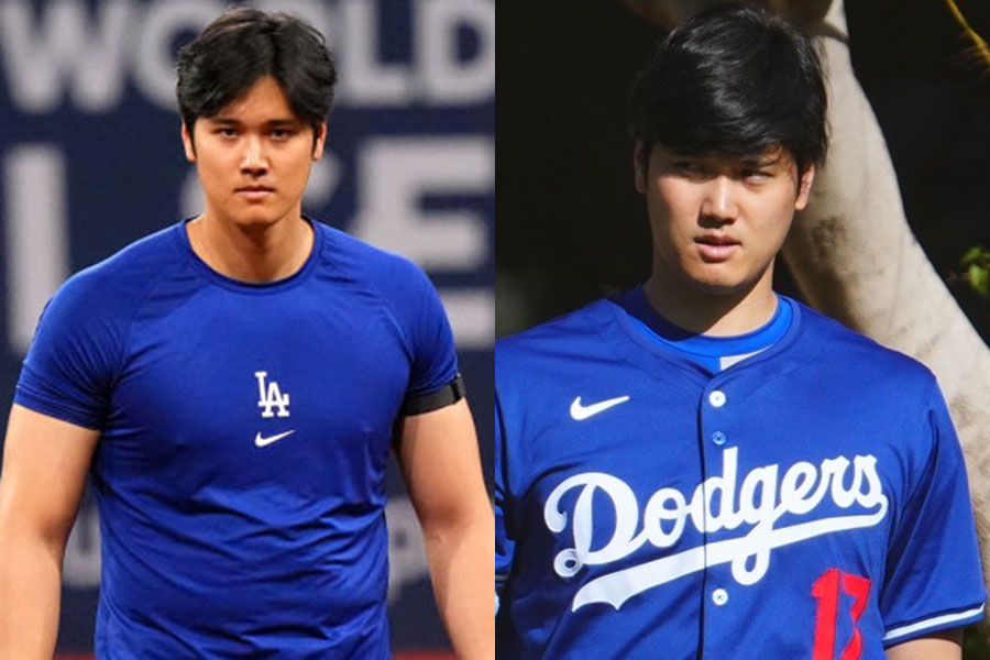 渡韓後の大谷翔平（左）と渡韓前の大谷翔平【写真：Getty Images、荒川祐史】