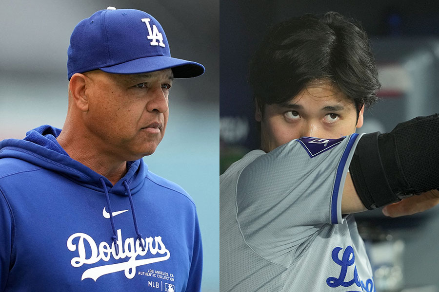 ドジャースのデーブ・ロバーツ監督（左）と大谷翔平【写真：ロイター】