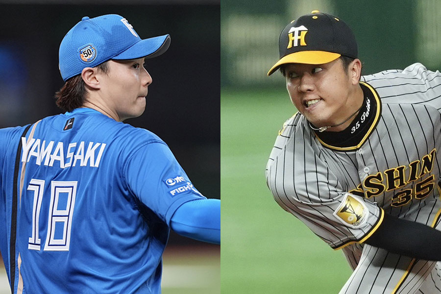 日本ハム・山崎福也（左）と阪神・才木浩人【写真：小林靖】