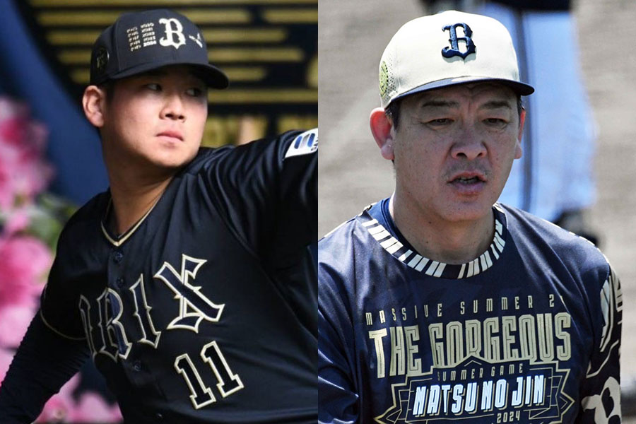 オリックス・山下舜平大（左）と厚澤和幸投手コーチ【写真：北野正樹】