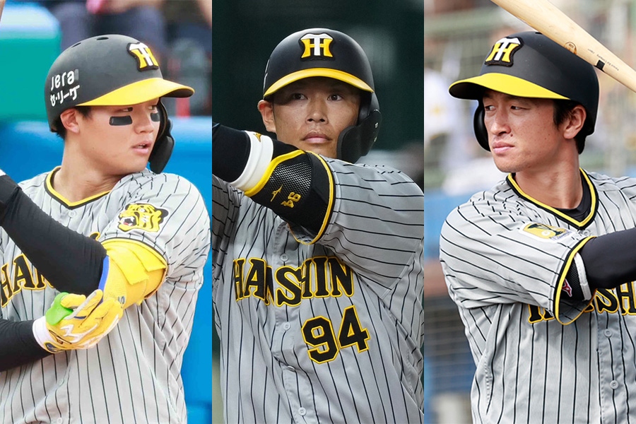 阪神・森下翔太、原口文仁、近本光司（左から）【写真：小池義弘、矢口亨】