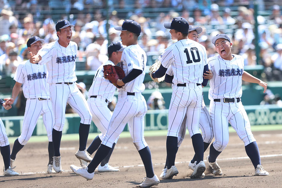 第1試合で花咲徳栄に勝利し歓喜の新潟産大付ナイン【写真：加治屋友輝】