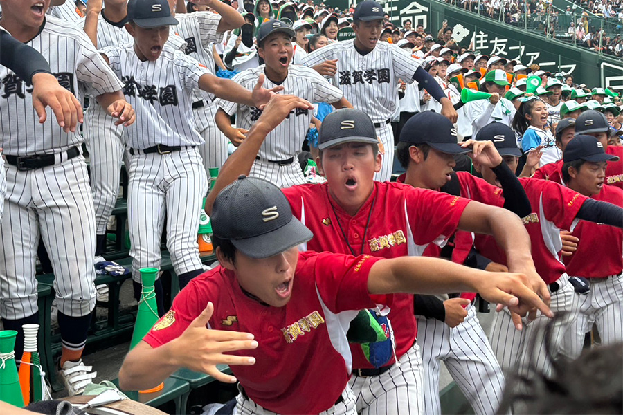 アルプススタンドで応援する滋賀学園の野球部員【写真：上野明洸】