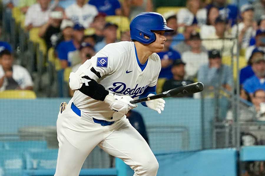 オリオールズ戦の第2打席で安打を放ったドジャース・大谷翔平【写真：松本洸】