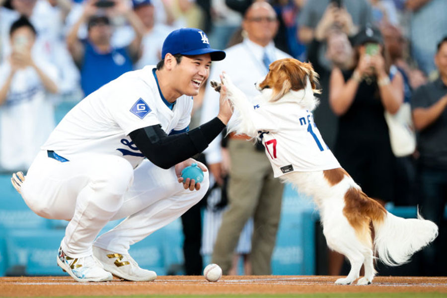 始球式に登場したドジャース・大谷翔平（左）と愛犬デコピン【写真：Getty Images】