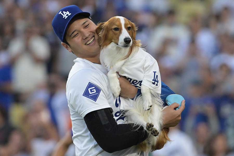 始球式に登場したドジャース・大谷翔平と愛犬デコピン【写真：ロイター】