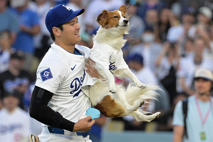 始球式に登場したドジャース・大谷翔平と愛犬デコピン【写真：ロイター】