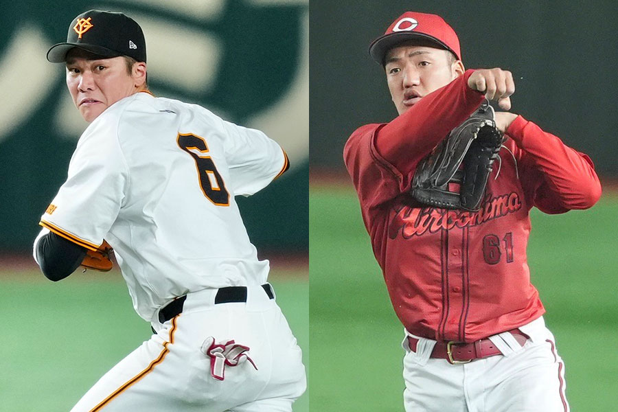 巨人・坂本勇人（左）と広島・矢野雅哉【写真：矢口亨、小林靖】