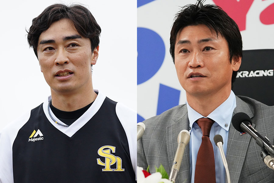 ソフトバンク・和田毅（左）とヤクルト・青木宣親【写真：矢口亨、松本洸】