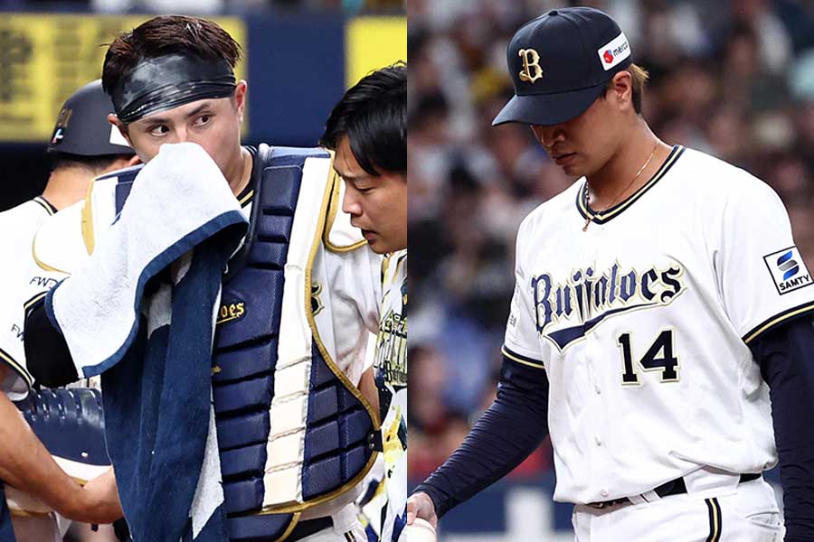 ソフトバンク戦で負傷交代したオリックス・若月健矢（左）と宇田川優希【写真：栗木一考】