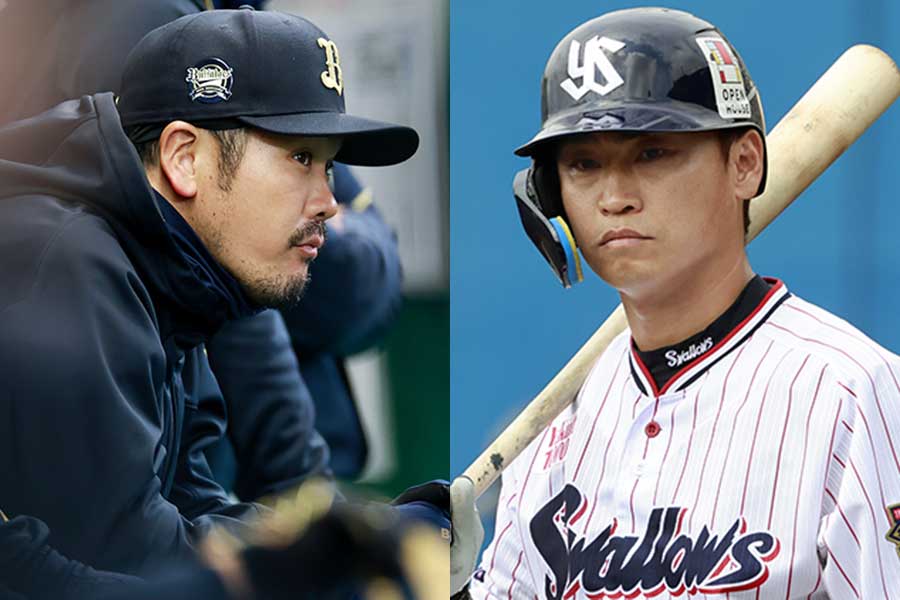 オリックス・T-岡田（左）とヤクルト・青木宣親【写真：小池義弘】