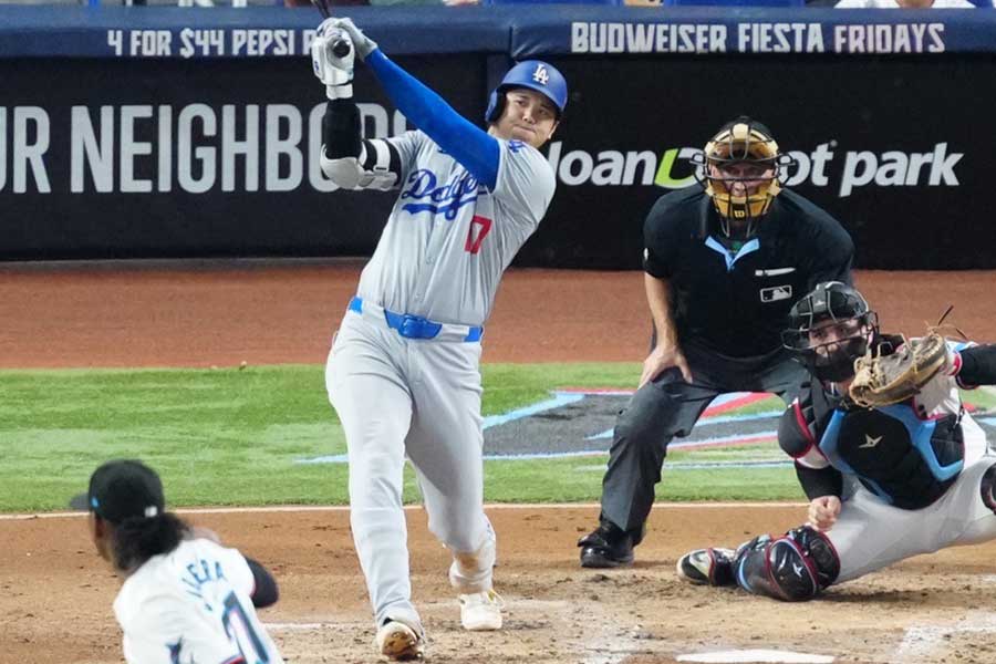 マーリンズ戦に出場したドジャース・大谷翔平【写真：荒川祐史】