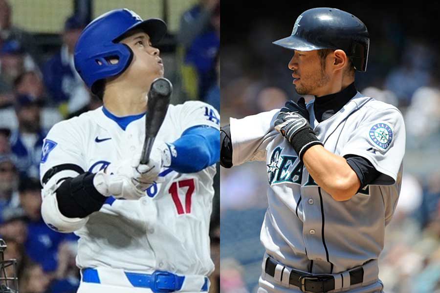 ドジャース・大谷翔平（左）とマリナーズ時代のイチロー氏【写真：荒川祐史、Getty Images】