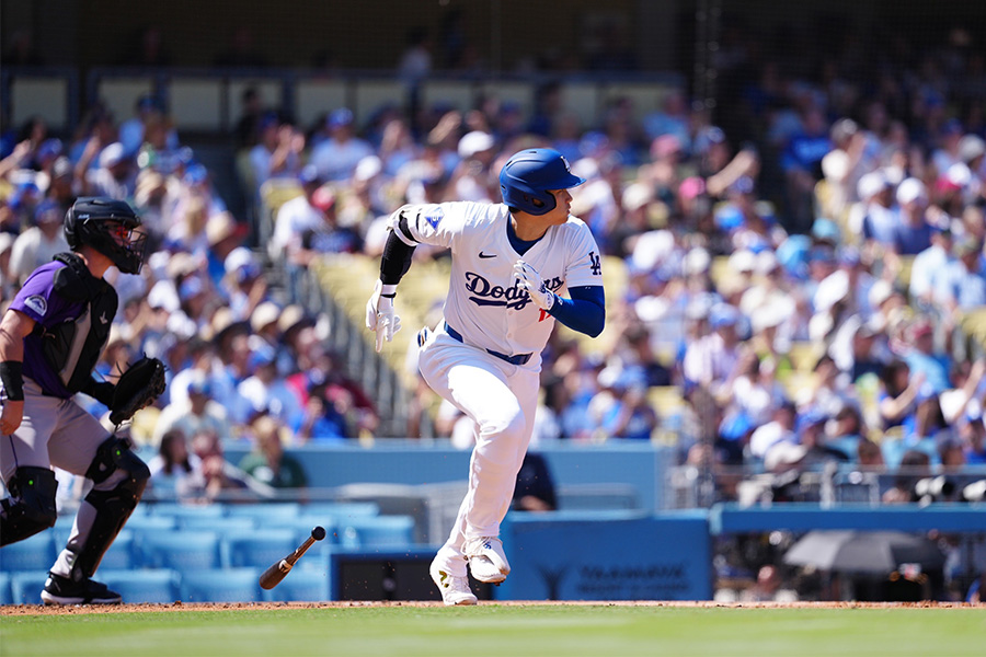 左前打を放ったドジャース・大谷翔平【写真：荒川祐史】