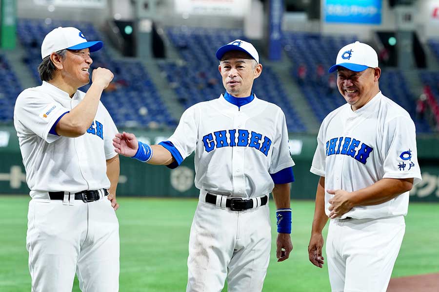 「イチロー選抜 KOBE CHIBEN」として出場した松井秀喜氏、イチロー氏、松坂大輔氏（左から）【写真：矢口亨】