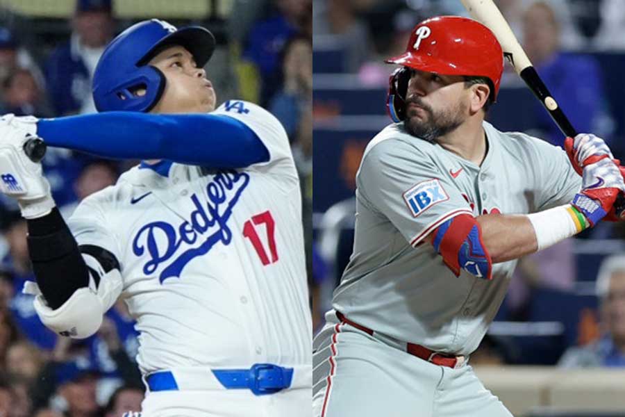 ドジャース・大谷翔平（左）とフィリーズのカイル・シュワーバー【写真：荒川祐史、Getty Images】