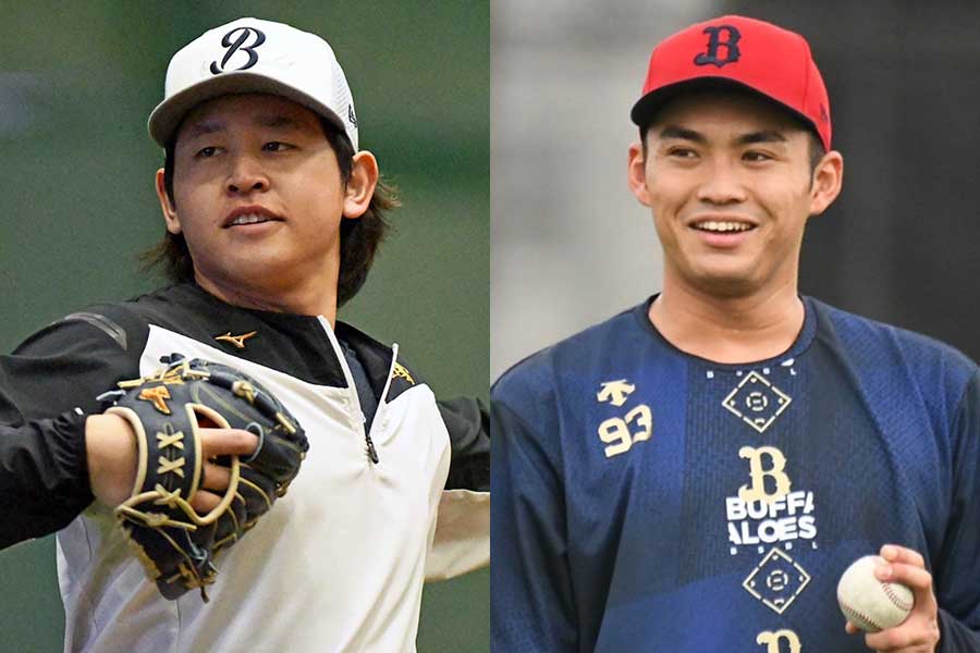 オリックス・宮城大弥（左）と佐藤一磨【写真：北野正樹】