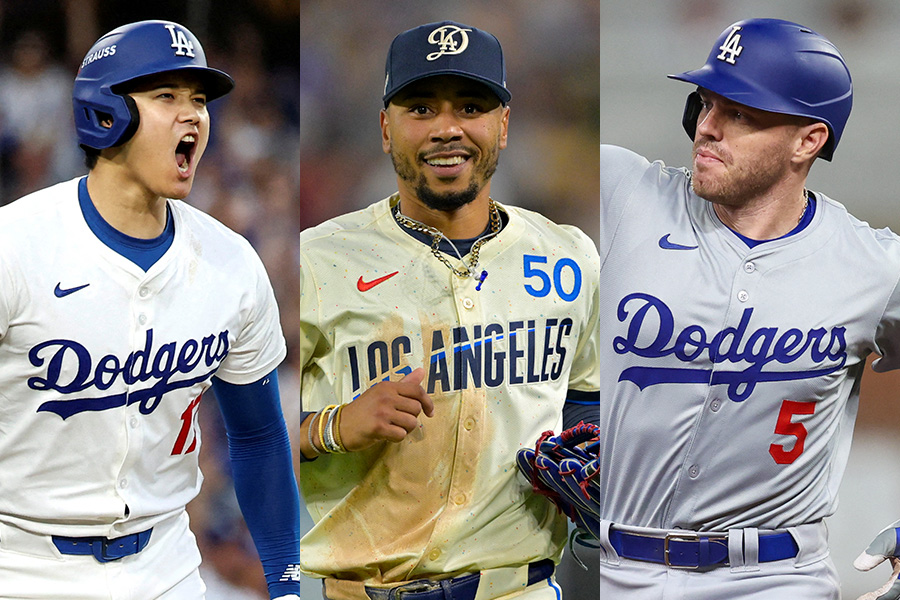 ドジャースの大谷翔平、ムーキー・ベッツ、フレディ・フリーマン（左から）【写真：ロイター】