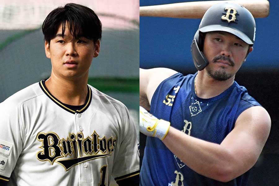 オリックス・山下舜平大（左）とT-岡田【写真：北野正樹】