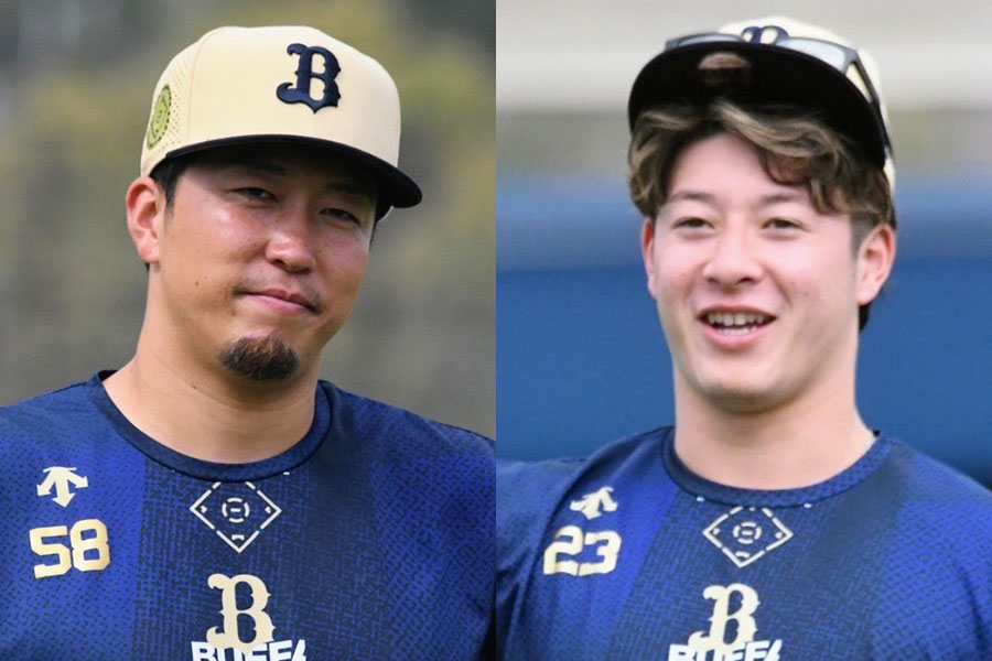 オリックス・井口和朋（左）と吉田輝星【写真：北野正樹】