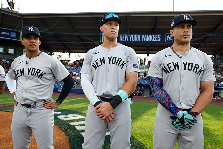 ヤンキースのフアン・ソト、アーロン・ジャッジ、ジャンカルロ・スタントン（左から）【写真：Getty Images】