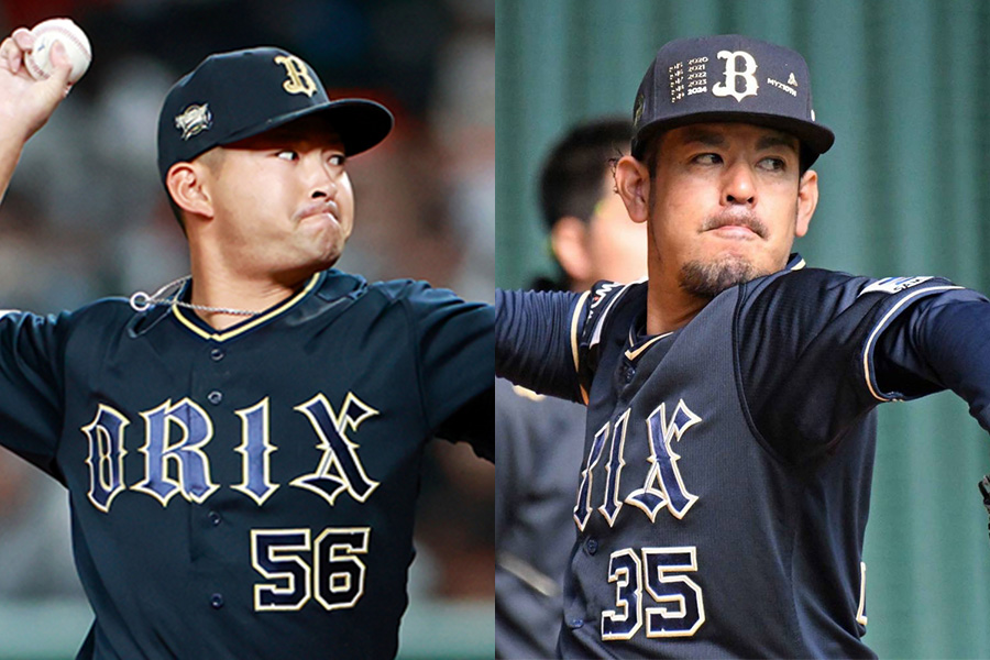 オリックス・小木田敦也（左）と比嘉幹貴【写真：小池義弘、北野正樹】