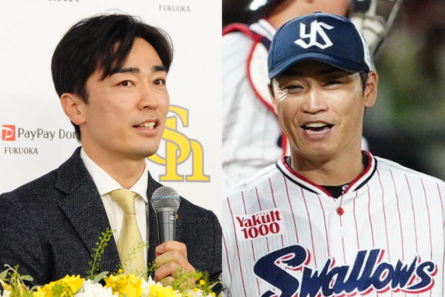 ソフトバンク・和田毅（左）とヤクルト・青木宣親【写真：竹村岳、小林靖】